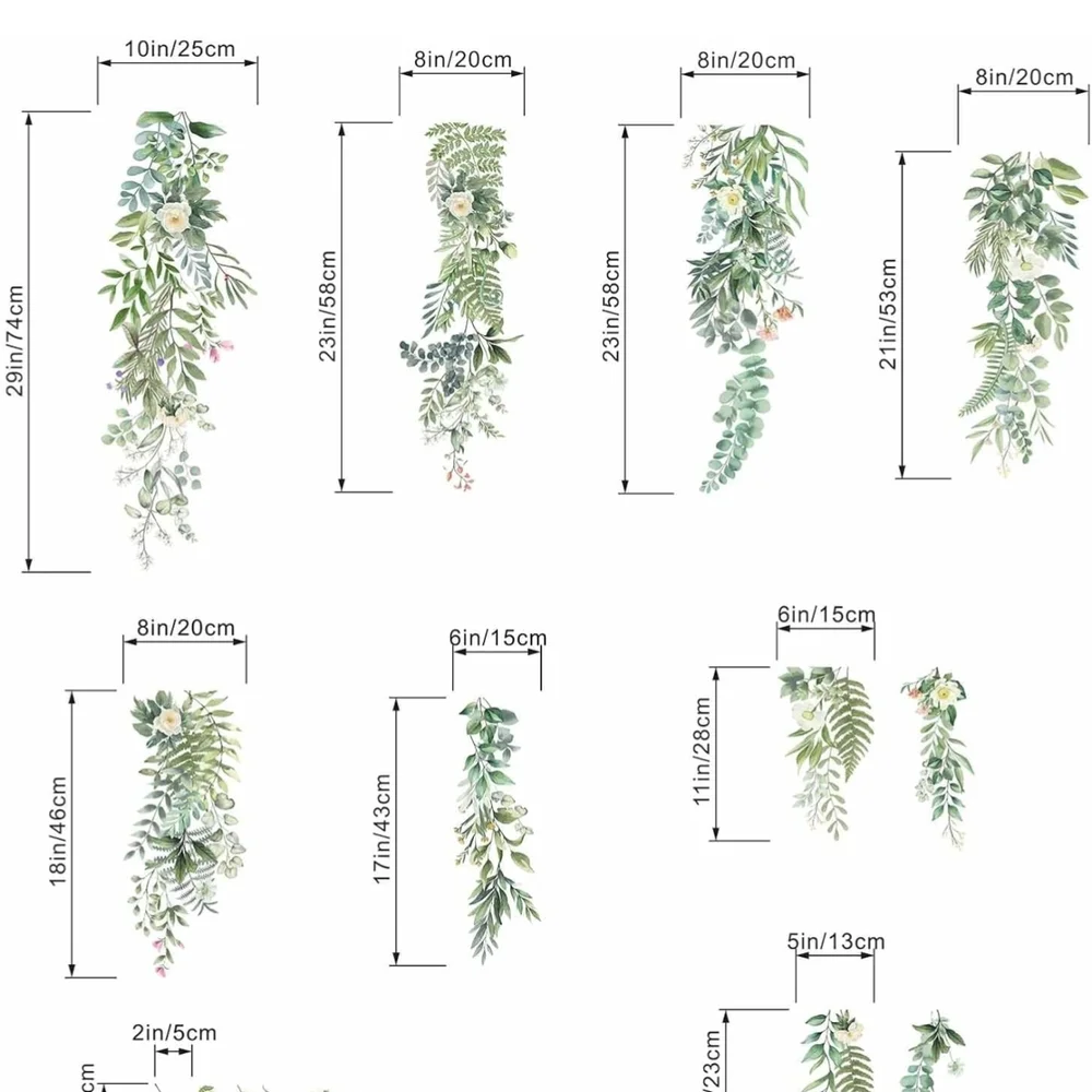 Large Green Hanging Vine Wall Stickers - Nature Plants Flower Leaves Wall Decals
